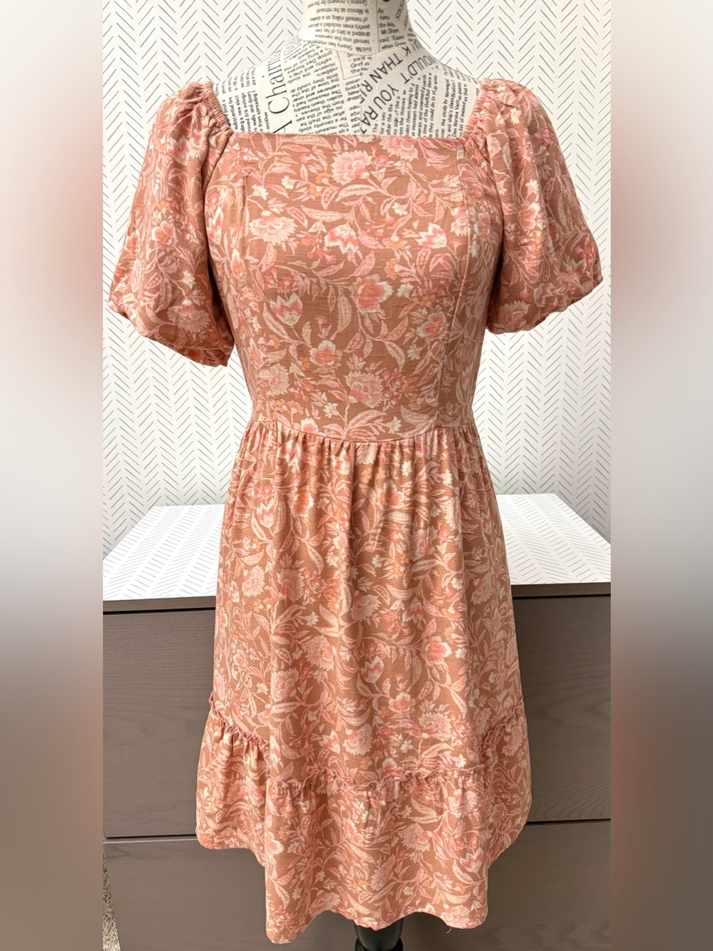 Lucky Brand Peach Terracotta Floral Square Neck Lined Ballon Sleeves Small